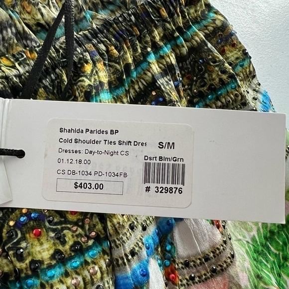 Shahida Parides Silk Off Shoulder Desert Bloom Green Mini Dress Size S/M NEW - Picture 13 of 15